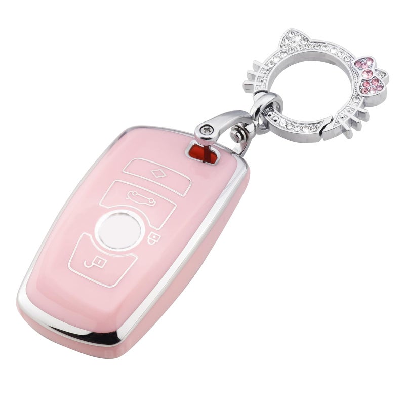 Pangpai Pink Key Fob Cover for BMW, Soft TPU Key Case Protection with Bling Keychain Fit for BMW 2 5 6 7 X1 X2 X3 X5 X6 Series - Image 1